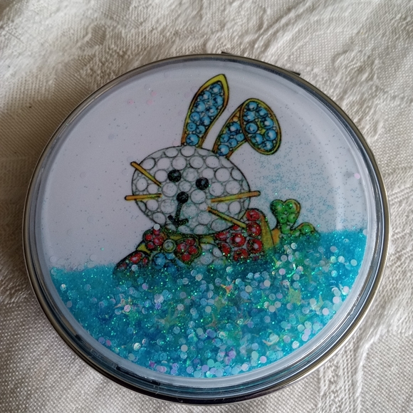 Bunny Rabbit w Carrot w Blue  Glitter Double Sided Compact Make Mirror - Picture 7 of 7